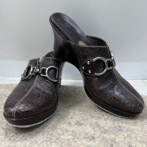 Cole Haan Brown Tooled Leather Mules Heels with silver buckles; Size  8.5 AA